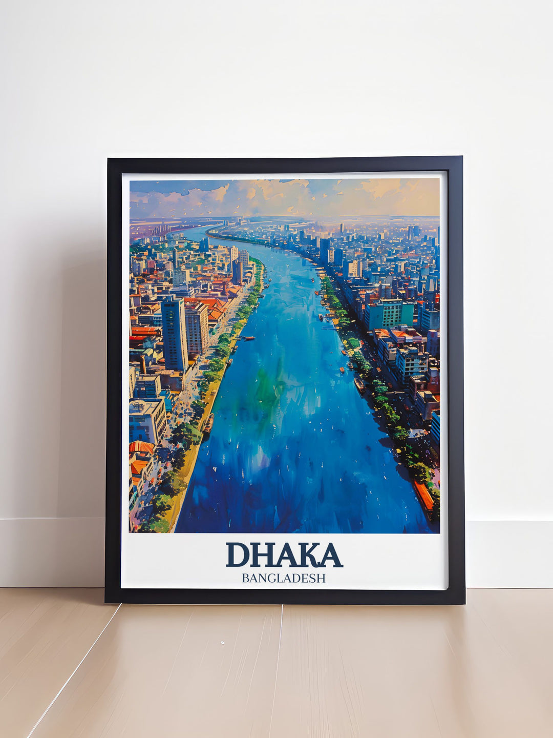 Stunning Buriganga river Dhaka wall art featuring fine line prints and colorful designs capturing the essence of Bangladesh perfect for home decor and gifts.