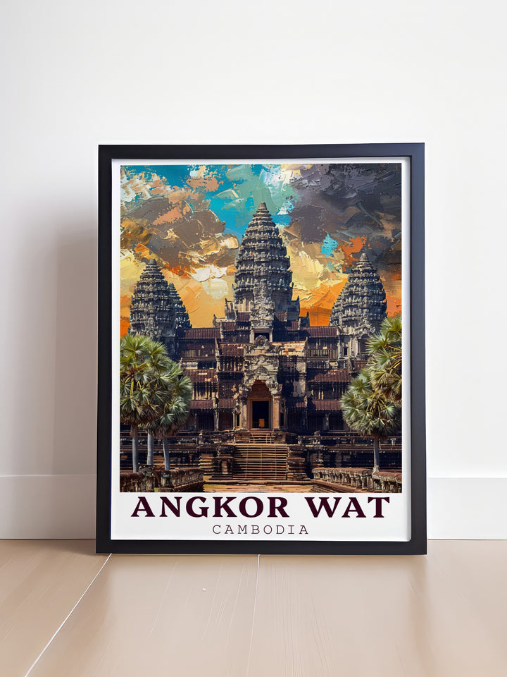 This Angkor Wat travel print captures the magnificence of one of the worlds greatest temples. The poster highlights the detailed stonework and iconic towers of Cambodias Angkor Wat, making it an excellent choice for anyone fascinated by Southeast Asian history.