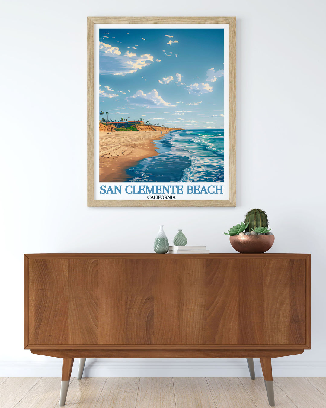 This San Clemente Beach Travel Poster captures the lively surf culture and serene beachside atmosphere. Featuring the sparkling waters and stunning coastlines of California, this artwork brings the laid back vibe of San Clemente into your home.