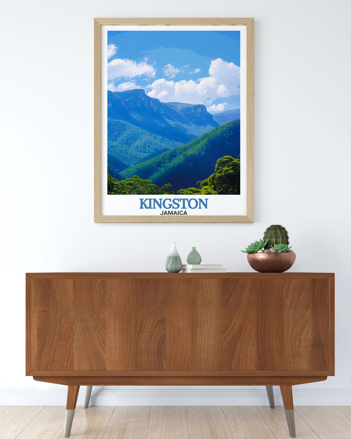 Caribbean print collection featuring Kingston and Blue Mountains showcases bold colors and peaceful natural scenery perfect for anyone looking to add a tropical touch to their home decor with artwork that captures both energy and tranquility