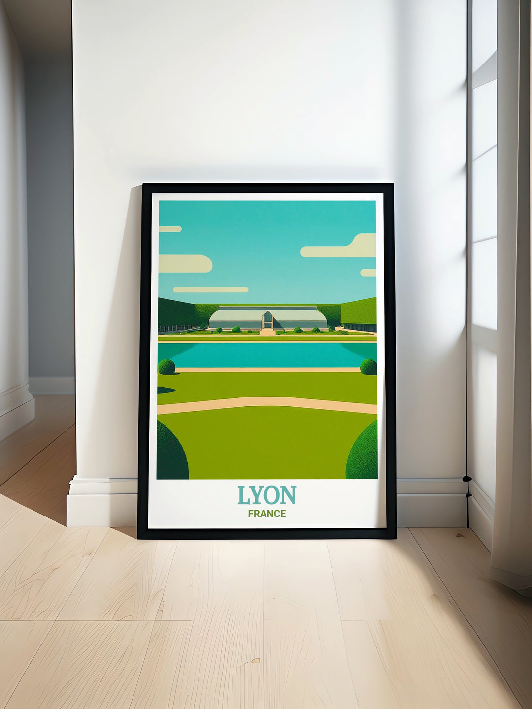 Lyon Poster Print featuring the serene landscapes of Parc de la Tête dOr, one of Frances largest urban parks. The print beautifully captures the tranquil ambiance of the parks green spaces and lakes, offering a perfect piece for nature lovers and those who appreciate French elegance.