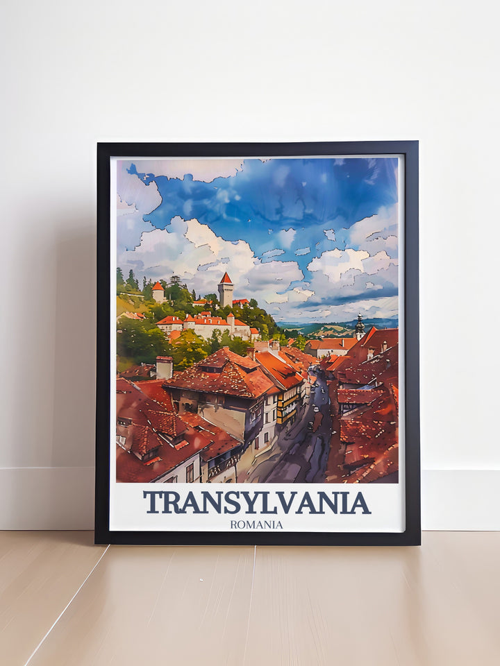 Our Corvin Castle poster print captures the Gothic allure of one of Romanias most famous castles, paired with the medieval charm of Sighișoara Citadel. Ideal for those fascinated by history and architecture, this framed print is a beautiful addition to any room.