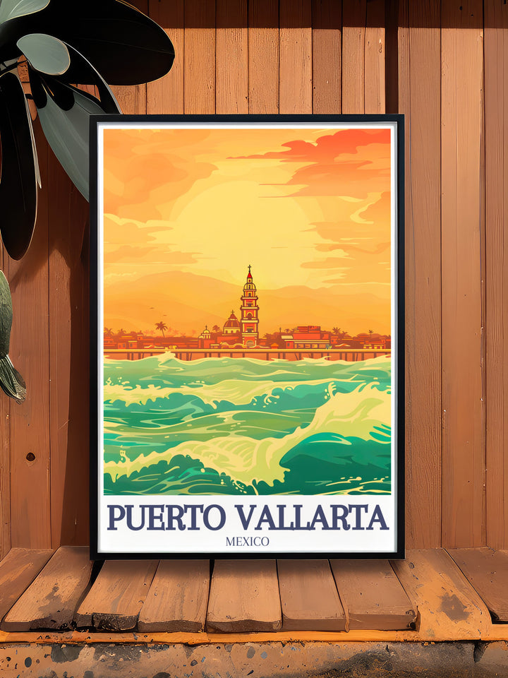 Celebrate the beauty of Puerto Vallarta with this black and white print, featuring the Malecón boardwalk and Church of Our Lady of Guadalupe. Ideal for home decor or as a thoughtful gift, this artwork brings a touch of Mexicos cultural charm into your space.