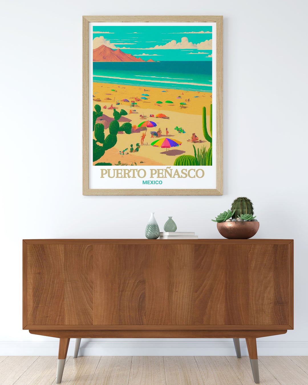 Puerto Peñasco travel print highlighting the serene landscape of Playa Bonita, with its tranquil waters and picturesque shoreline. This artwork celebrates the beauty of Mexicos beaches, making it a perfect addition to any coastal themed decor.