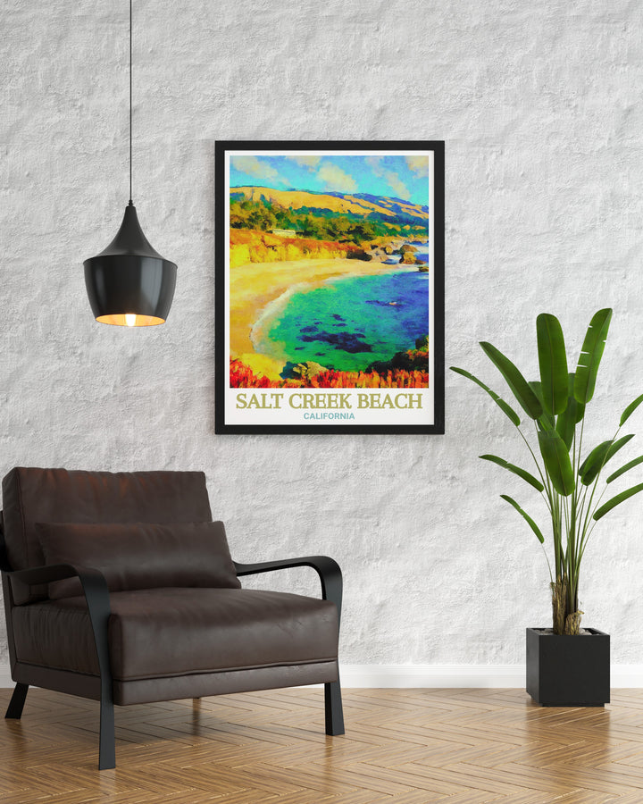 Salt Creek Beach, a gem of Californias coastline, is beautifully depicted in this print. The artwork captures the vibrant colors of the beach at dusk, making it a perfect addition to any room. Bring a piece of Californias coastal allure into your home with this stunning decor.