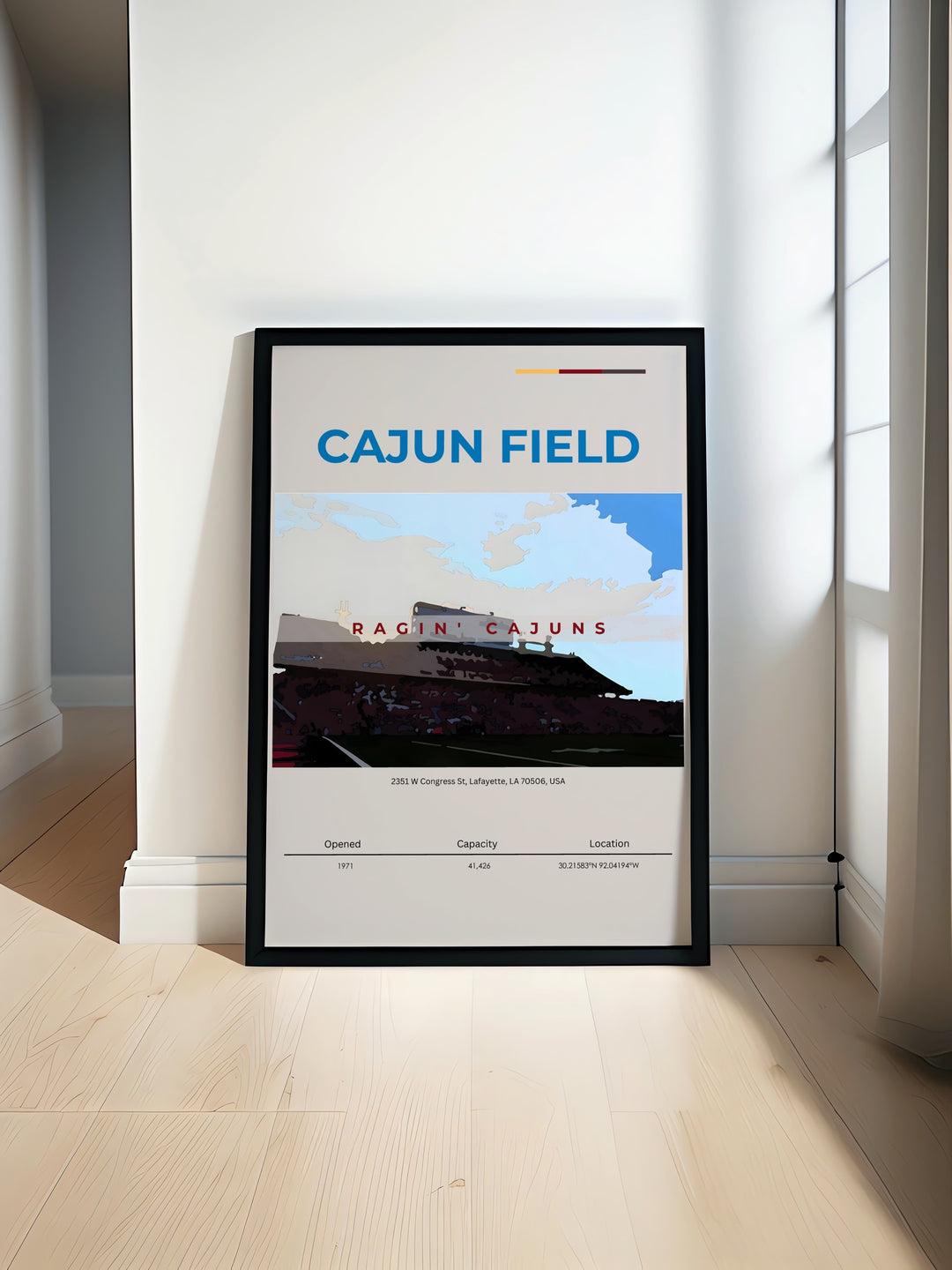 Cajun Field travel poster showcasing the excitement of Louisiana Ragin Cajuns football. This college football art print adds a retro touch to any dorm room or living space perfect for fans looking to celebrate their favorite team with stunning wall decor.