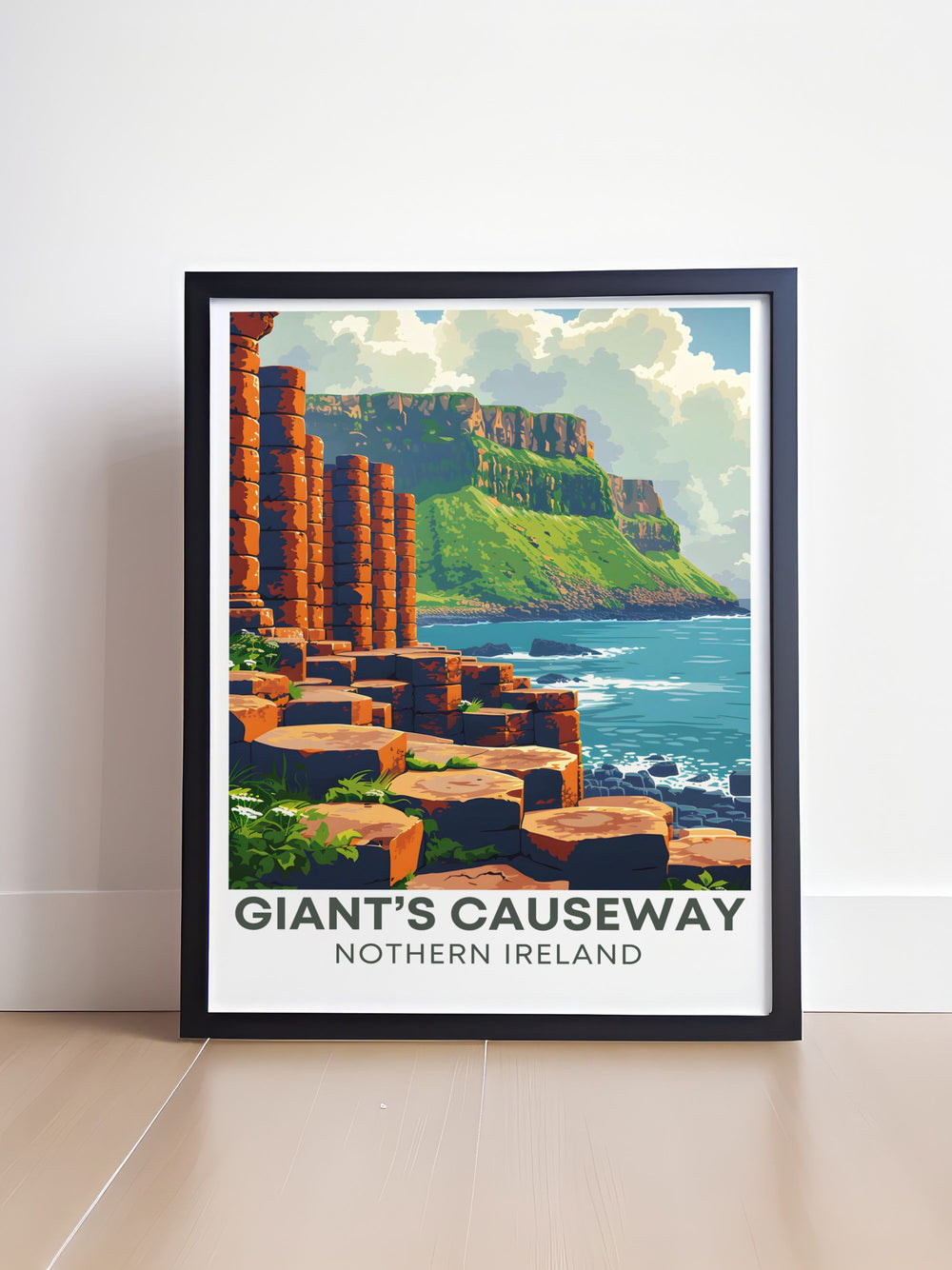 Custom print of Giants Causeway, highlighting the unique geological formations and serene coastal landscapes, perfect for nature lovers and those fascinated by Irelands natural wonders.