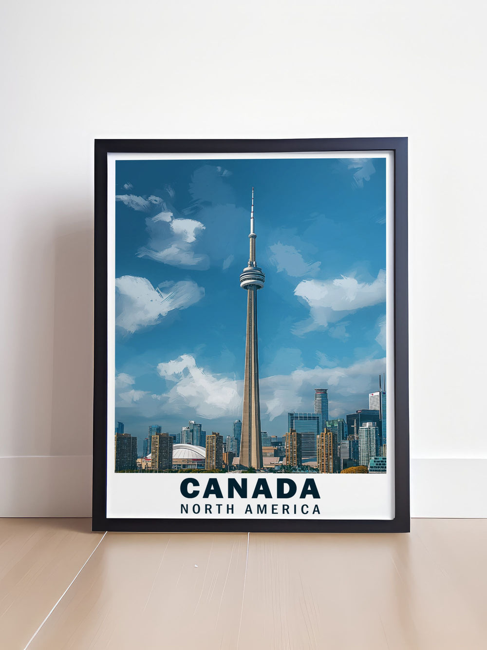 This travel poster captures the iconic CN Tower in Toronto, perfect for adding a touch of urban splendor to your home decor