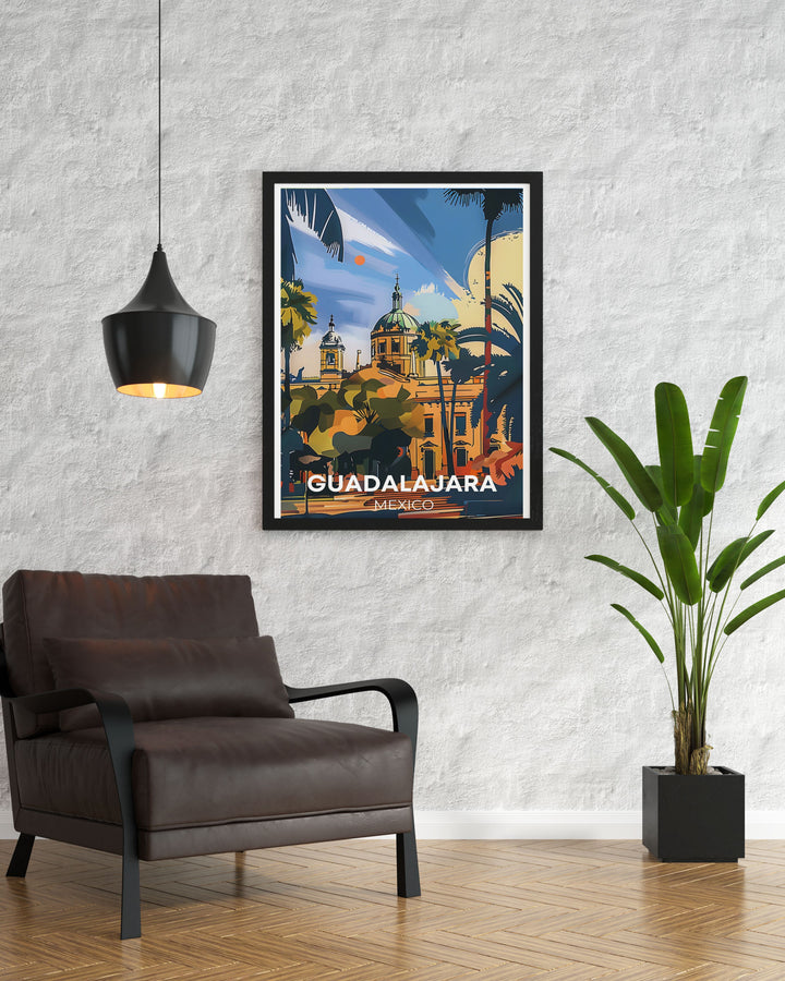 This detailed illustration of Guadalajara features the bustling street scenes and vibrant markets, highlighting the citys rich cultural heritage and making it a captivating piece for your decor.