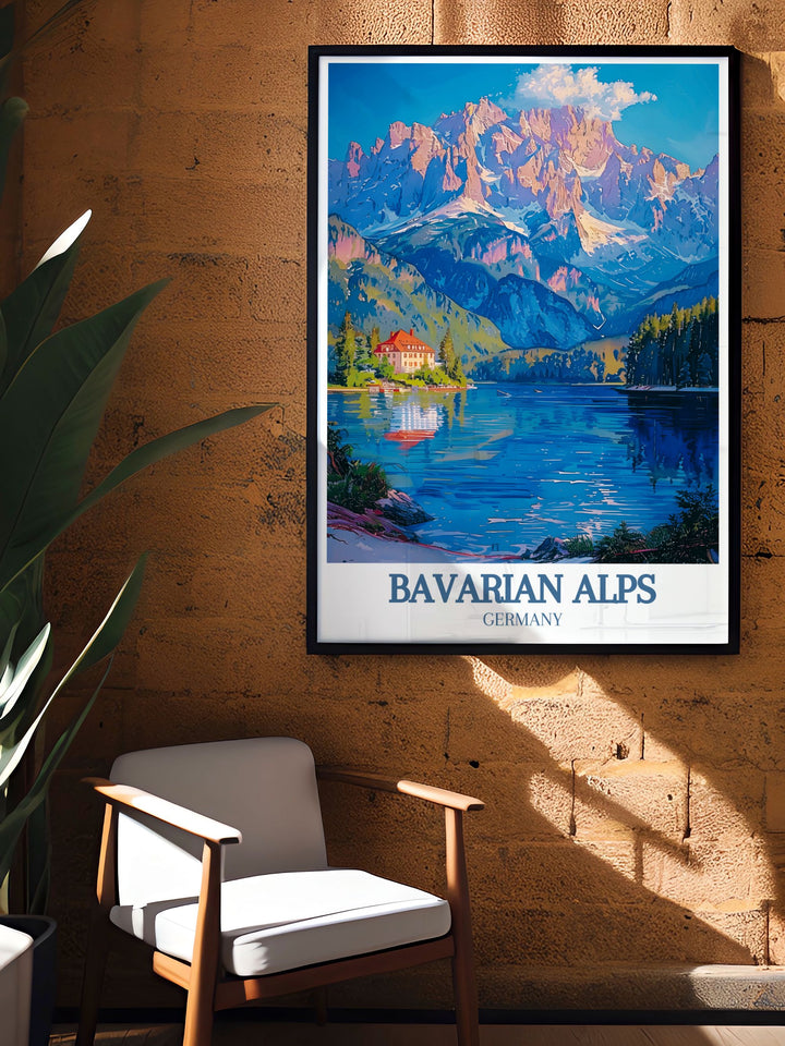 Elegant Germany wall art depicting Zugspitze and Eibsee Lake, nestled in the Bavarian Alps. This piece highlights the regions natural beauty and serene landscapes, perfect for adding sophistication to any room.
