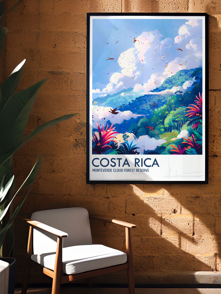 Discover the vibrant ecosystem of Monteverde Cloud Forest Reserve with this stunning art print. Perfect for outdoor enthusiasts and those who appreciate tropical destinations, this travel poster captures the lush landscapes and rich biodiversity of one of Costa Ricas most enchanting parks. Enhance your decor with this beautiful artwork.