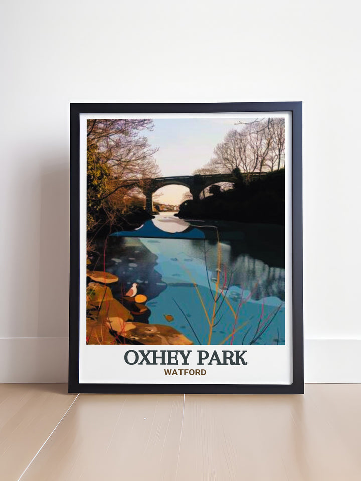 River Colne Artwork offers a vibrant and serene look at the river as it winds through Oxhey Park Watford with detailed modern prints perfect for bringing a touch of Hertfordshires natural beauty into any home or office space.