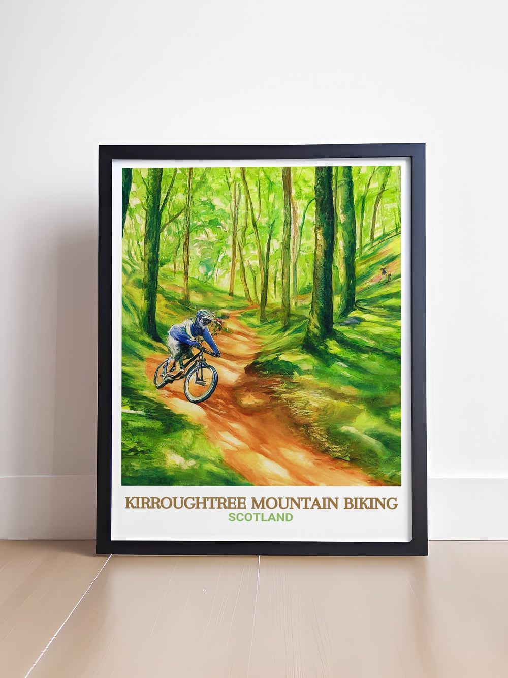 Kirroughtree Mountain Biking poster print featuring the thrilling 7stanes trails set within Galloway Forest Park. This travel print captures the excitement of the renowned mountain biking destination, making it a perfect gift for outdoor enthusiasts and cycling lovers.