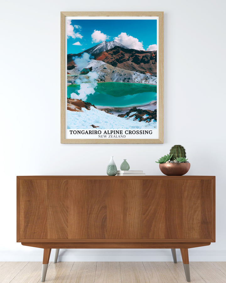 Tongariro Alpine Crossing poster print, featuring the rugged volcanic landscape of one of New Zealands most famous hiking trails. Perfect for adventurers and nature lovers, this art captures the essence of the Tongariro National Park, making it an ideal addition to any travel themed decor.