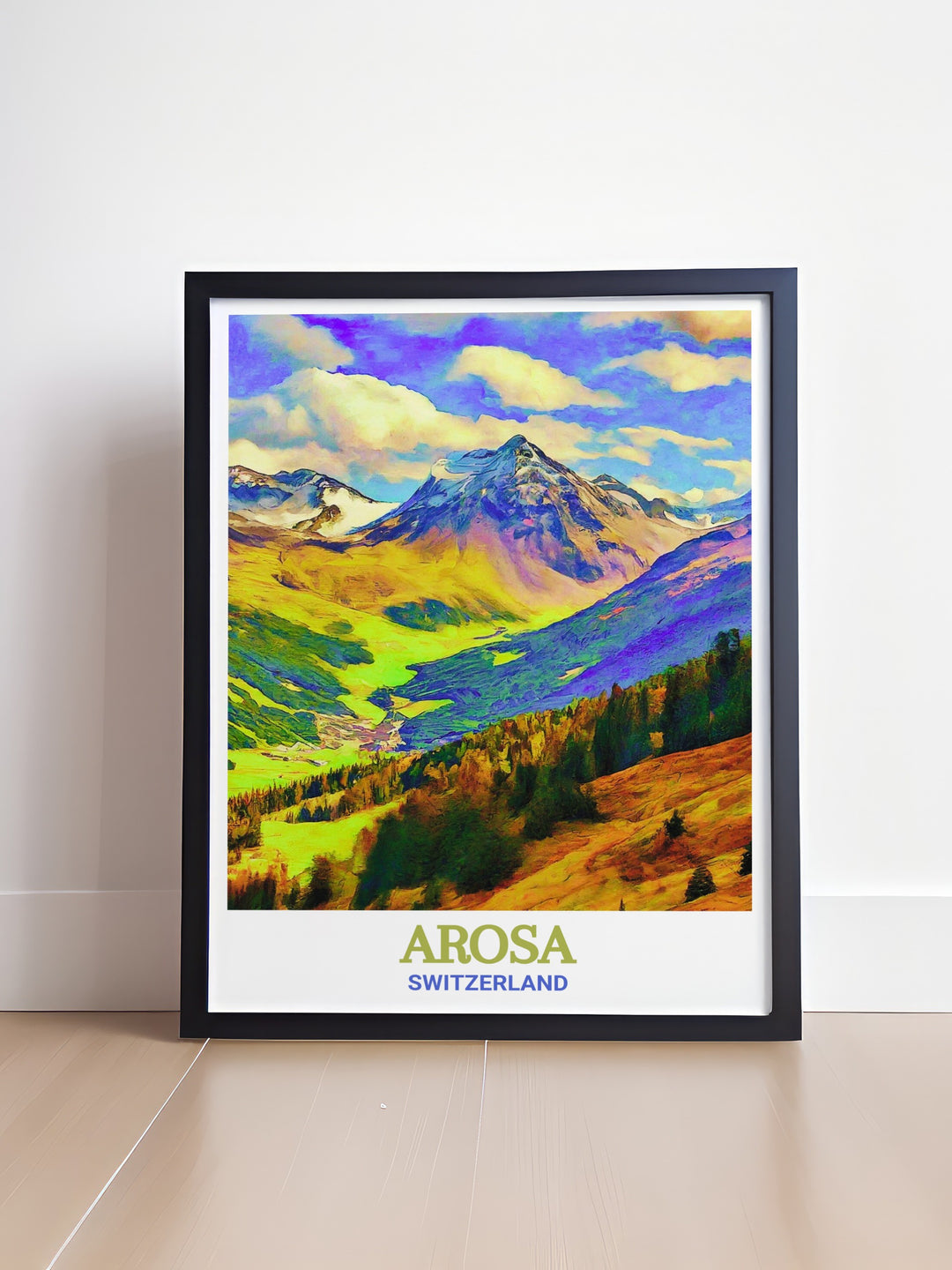 Arosa Custom Print featuring the vibrant winter sports culture and natural beauty of Arosa, Switzerland. The artwork brings out the best of the Alps, making it an excellent choice for those who appreciate the thrill of skiing and the tranquility of mountain landscapes