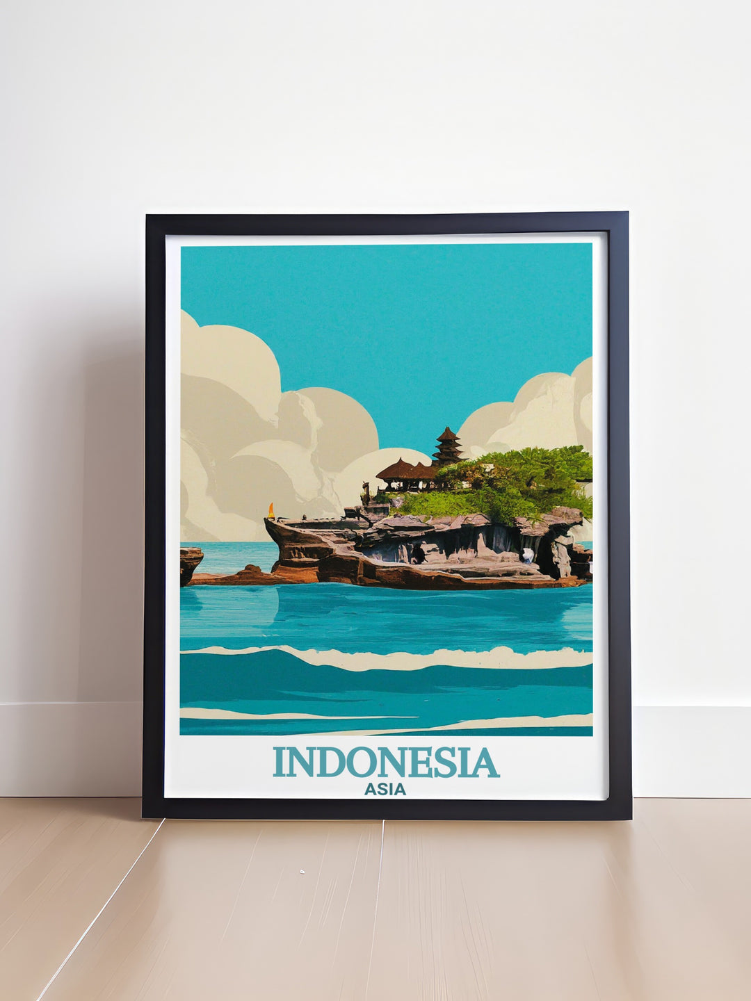 Bali Tanah Lot Temple captured in a stunning travel poster print, perfect for adding a touch of Indonesias rich cultural history to your home. The intricate architecture and coastal landscape make this a beautiful piece of Bali wall art, ideal for travel lovers and art enthusiasts.