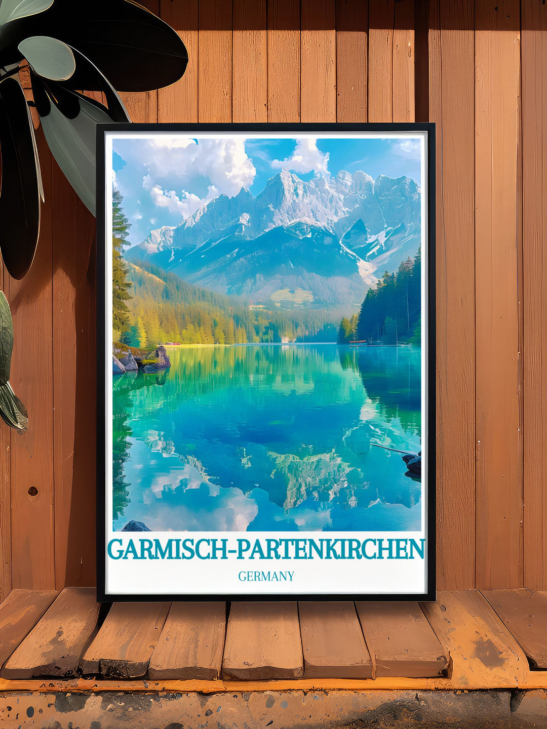 Framed art capturing the natural beauty of Eibsee, with its clear blue waters and stunning alpine backdrop, reflecting the tranquil and picturesque landscapes of the Bavarian Alps near Garmisch Partenkirchen.