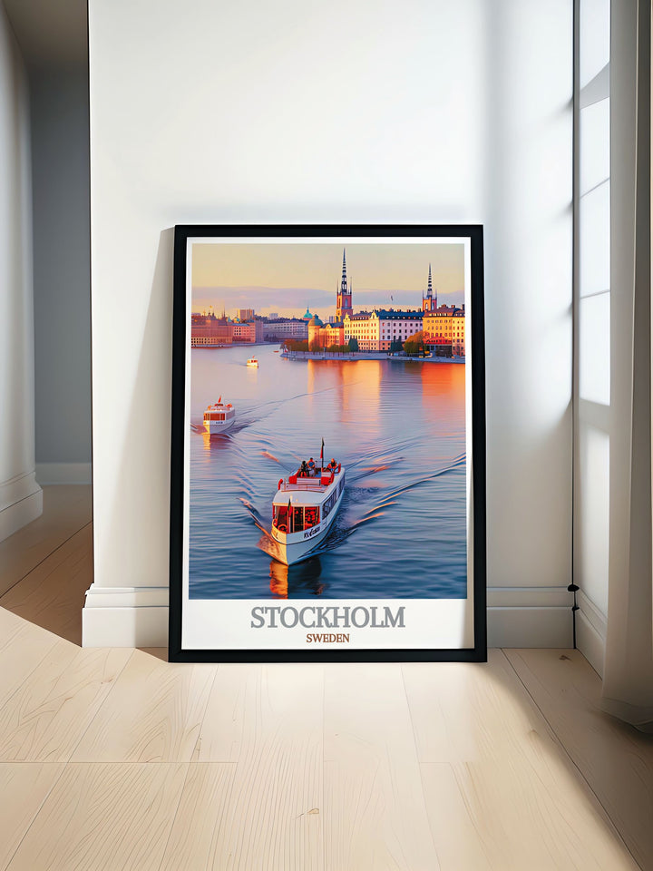 Experience the beauty of Stockholm with our Riddarfjarden print featuring serene waters and historic buildings perfect for elegant home décor and modern art lovers ideal for living room decoration and thoughtful gifts for any occasion