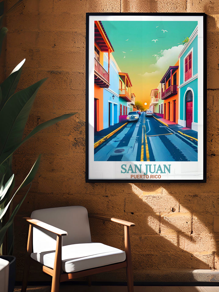 Beautiful Old San Juan wall art showcases the rich architecture and culture of Puerto Rico. This Caribbean art print is ideal for modern decor or traditional spaces making it a great gift for anyone who appreciates tropical destinations.