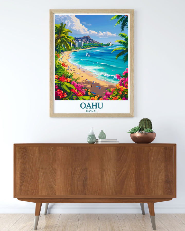 Transform your home with this Oahu wall art showcasing the iconic Waikiki Beach and Diamond Head Crater a perfect piece for lovers of tropical landscapes and travel enthusiasts.