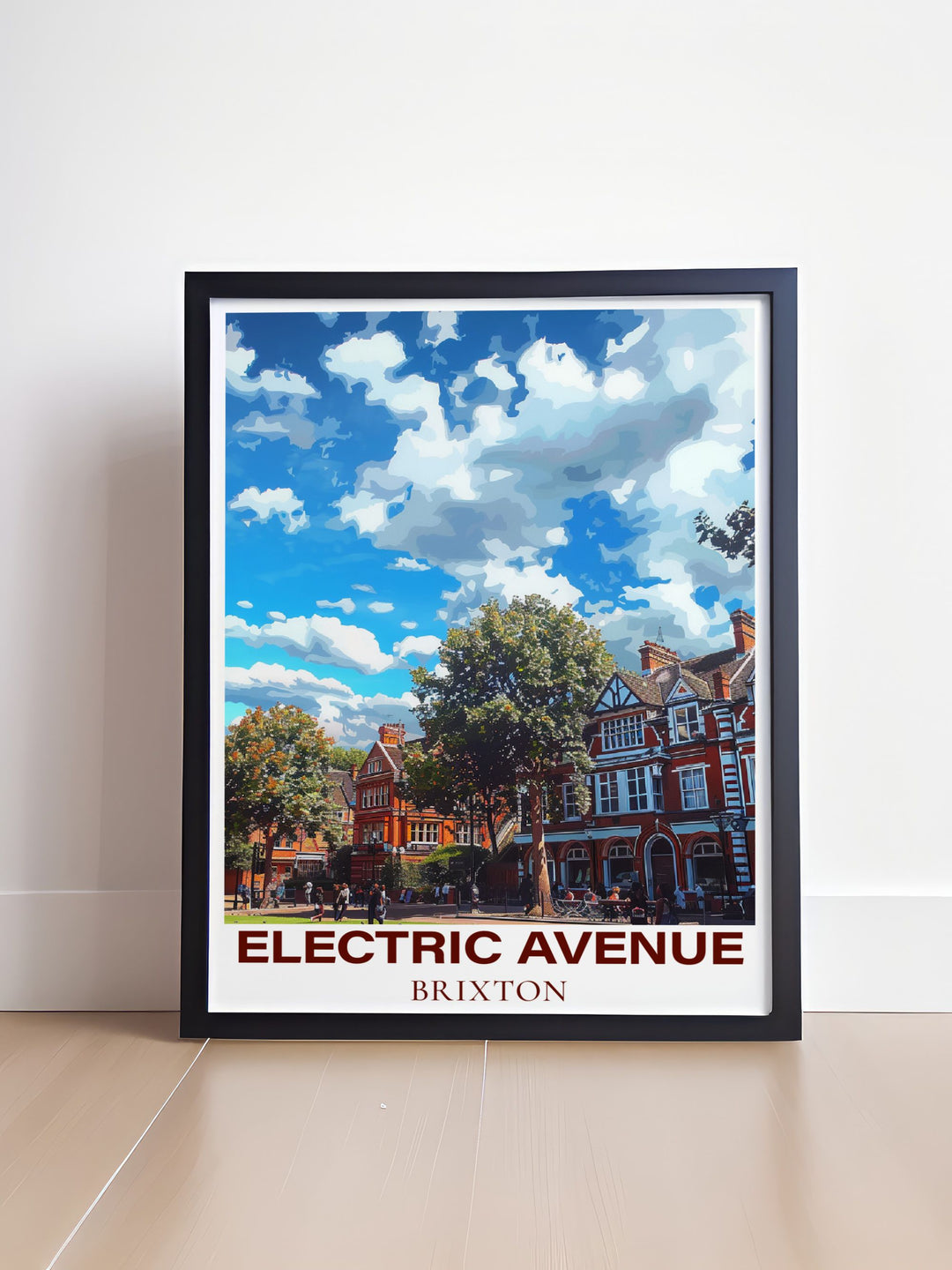 This art print of Electric Avenue and Windrush Square showcases the eclectic mix of market stalls, shops, and cultural landmarks, making it a standout piece for any decor.