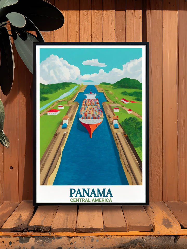 Experience the grandeur of the Panama Canal with this stunning poster print. Highlighting the intricate details of Panamas most famous landmark, this travel artwork will add a touch of history and elegance to your home decor.