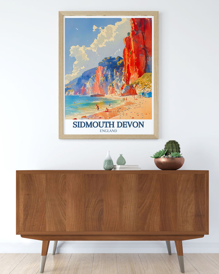 Featuring the serene Sidmouth Beach, this poster showcases the calm and inviting atmosphere of this beloved seaside spot, perfect for anyone seeking a relaxing and picturesque coastal retreat.