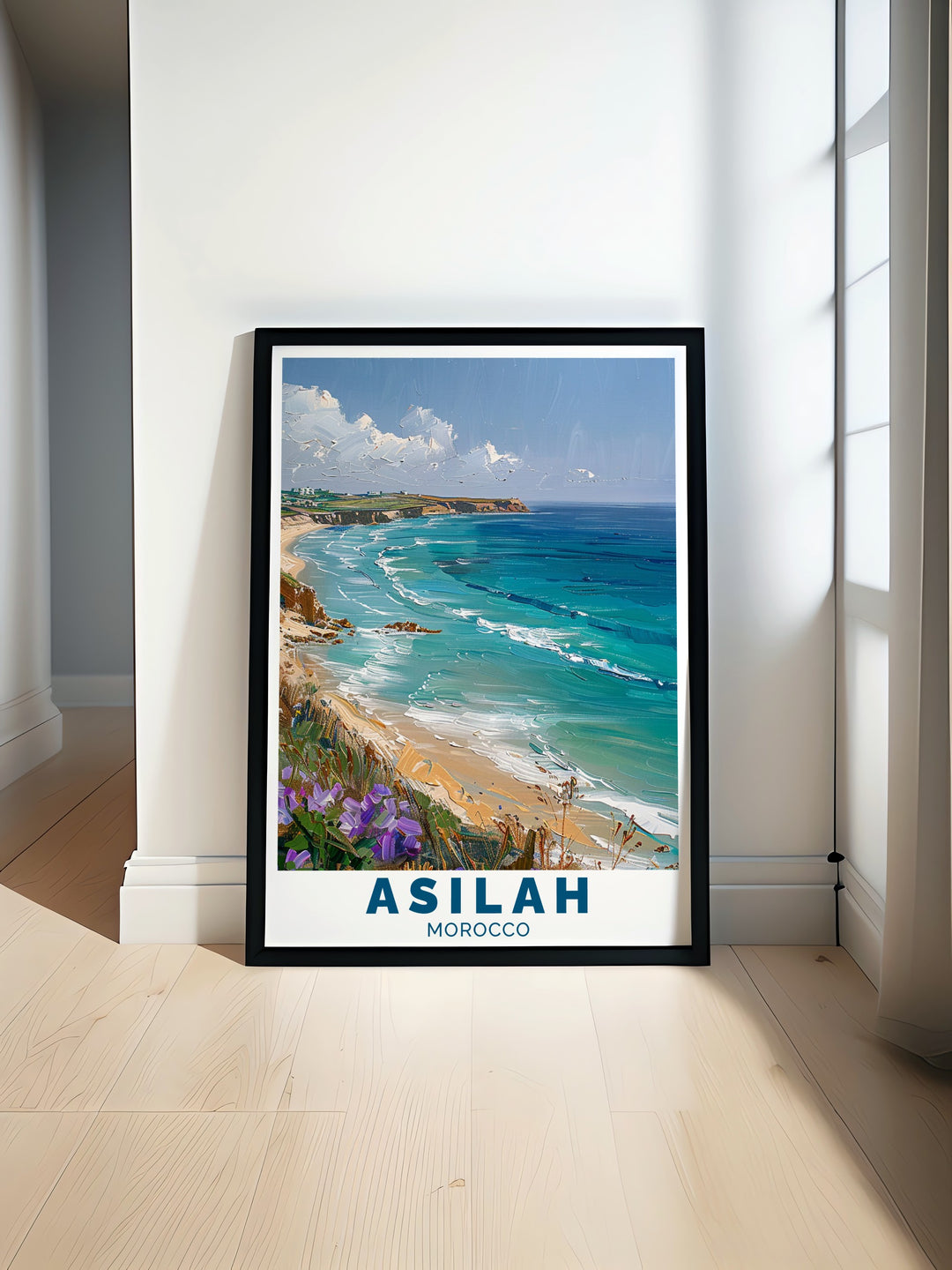 Asilah Poster Print This art print highlights the stunning coastal town of Asilah, featuring the medinas whitewashed walls against the Atlantic Ocean. Perfect for those who appreciate Moroccan architecture and beachside charm, this poster print brings out the towns colorful murals, detailed arches, and coastal allure, making it ideal for home decor or as a memorable gift for travel lovers.