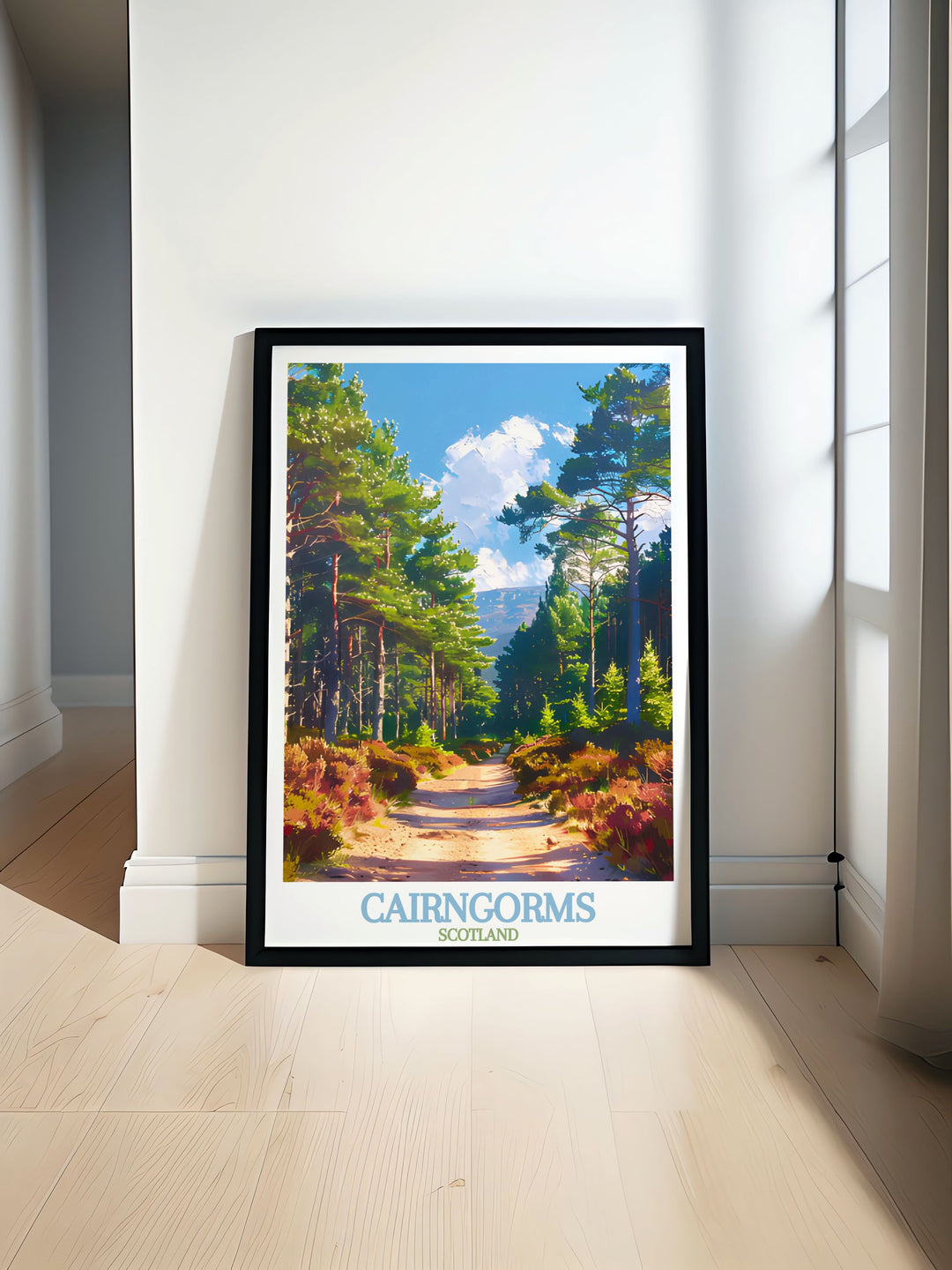 Rothiemurchus Forest travel poster capturing the enchanting beauty of the Cairngorms. Perfect for adding a touch of Scotlands natural charm to your home or office decor. This wall art showcases the serene landscapes and majestic forests of Rothiemurchus.