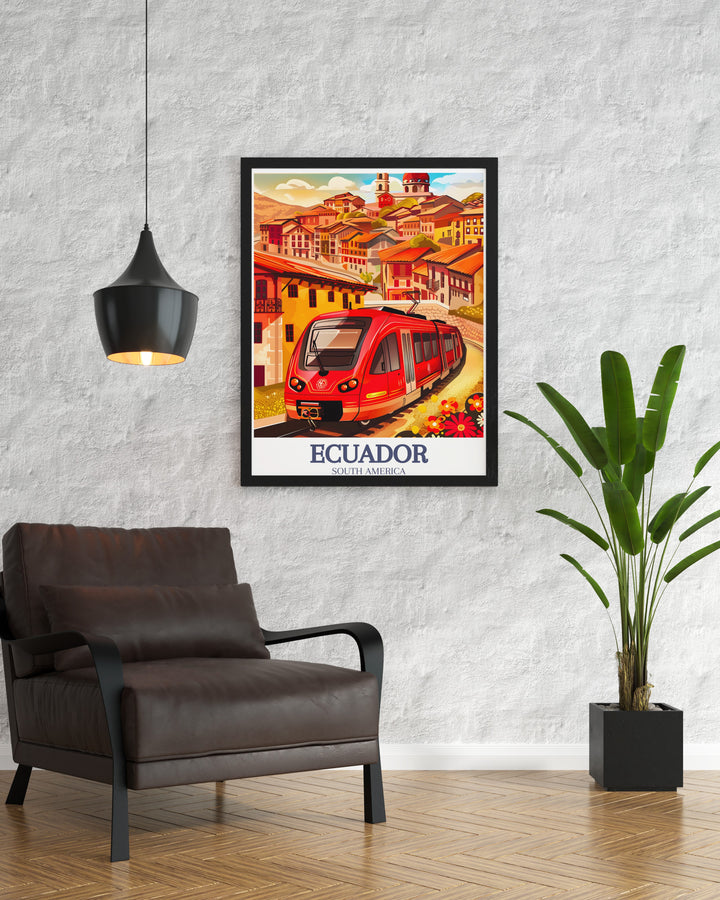 Capture the urban charm of Ecuadors Cuenca with this stunning poster print, featuring the iconic Cuenca tram and the citys beautiful streets. The vibrant colors and intricate details make it a perfect piece of wall art or a unique gift for anyone who loves Ecuadors charm.