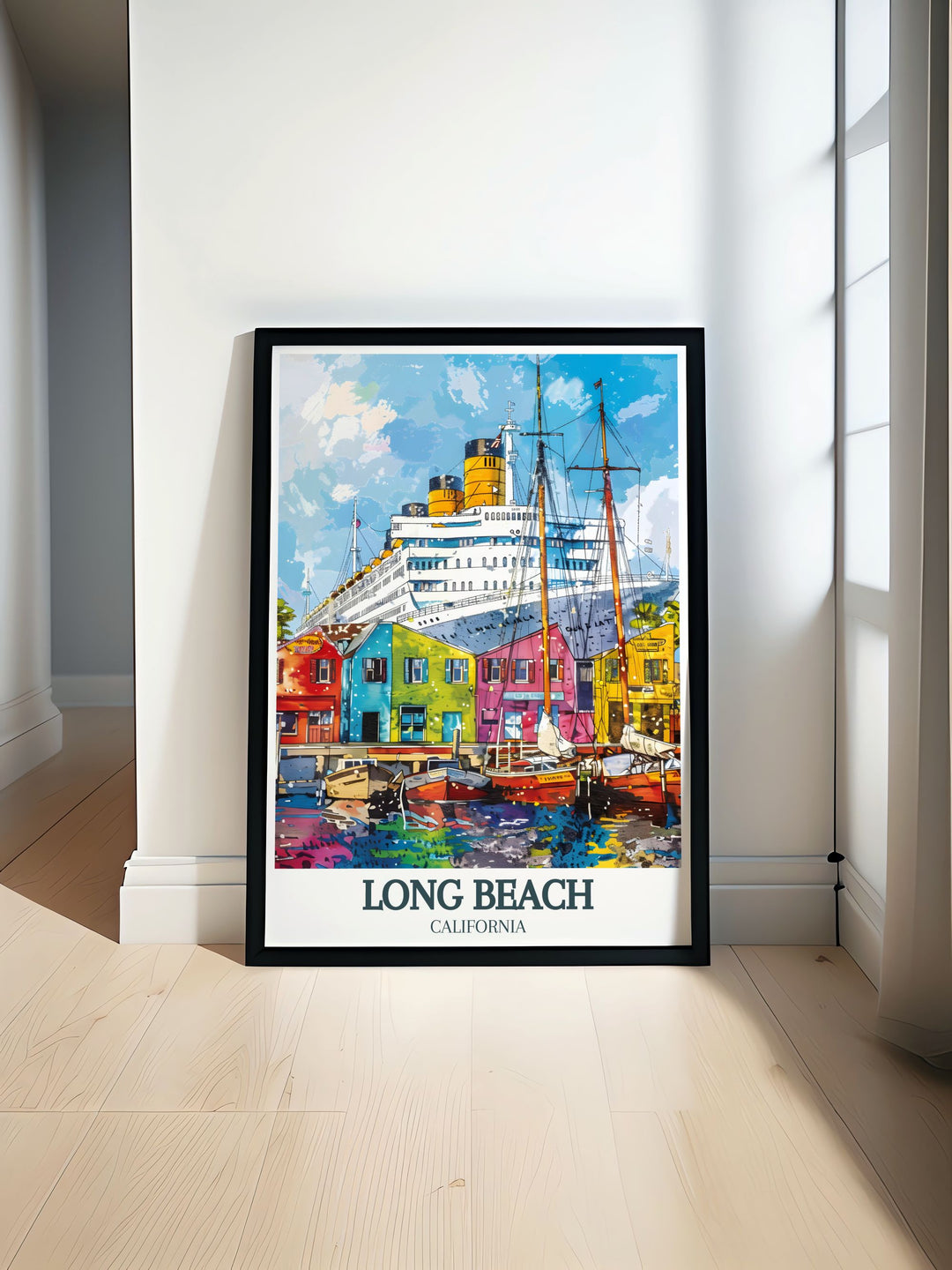 Queen Mary and Shoreline Village artwork offers a vibrant Long Beach Poster Print featuring the California skyline and Long Beach City Map. Perfect for modern decor and personalized gifts with a stunning color palette for any living room or office space.