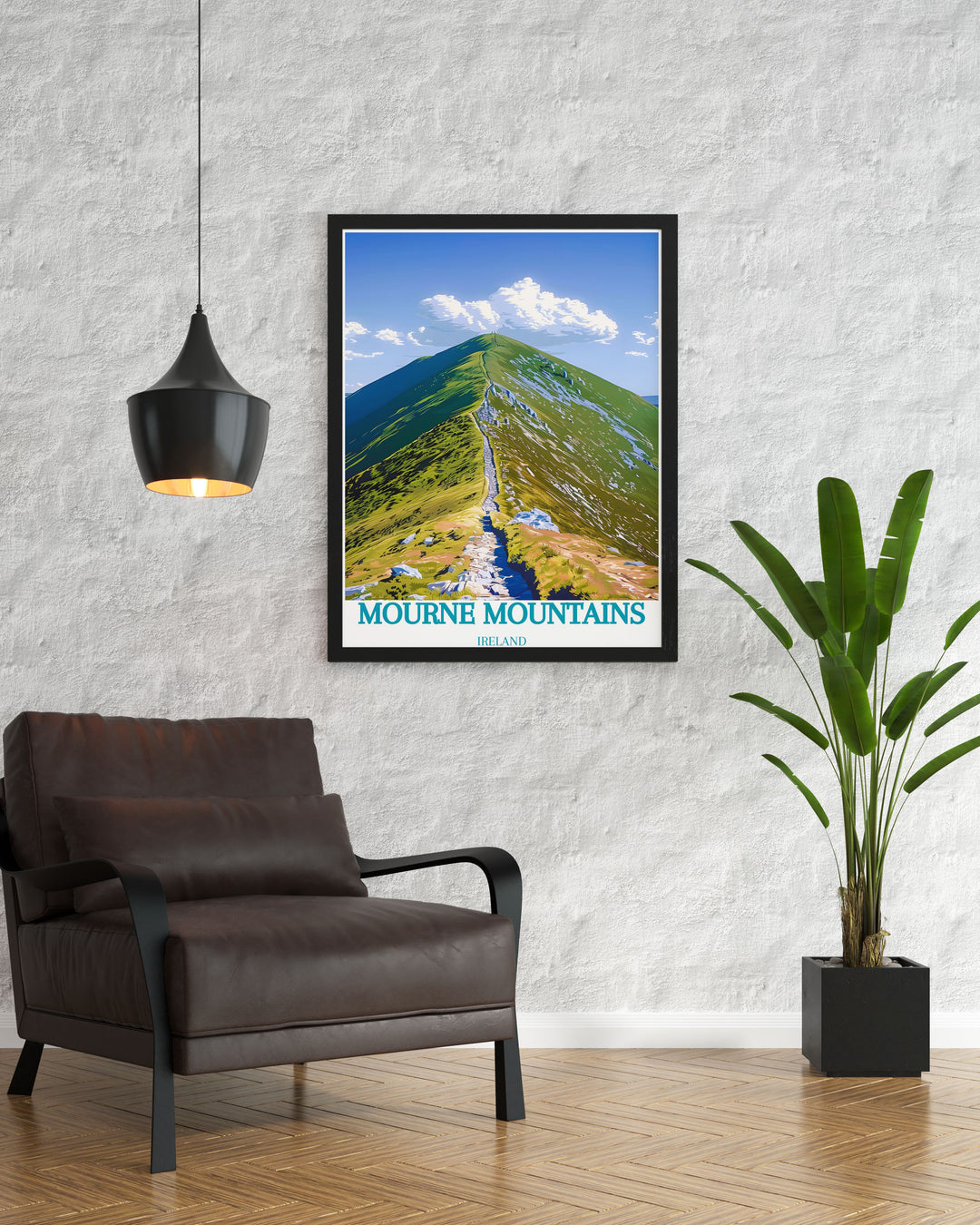 Showcasing both the rugged peaks of the Mourne Mountains and the towering Slieve Donard, this travel poster captures the unique blend of dramatic landscapes and serene beauty, perfect for enhancing your living space with natural charm.