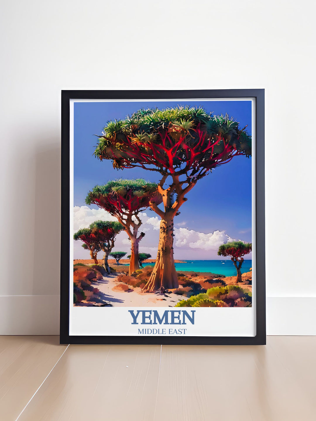 Beautiful Travel Poster Print of Socotra island perfect for adding a touch of elegance to any space featuring Dragons Blood Trees and Detwah Lagoon