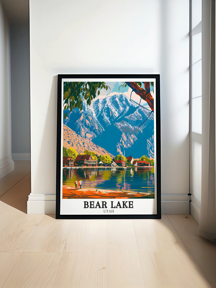 Stunning wall art print of Bear Lake featuring the vibrant blue waters and the dramatic backdrop of the Wasatch Mountains, perfect for adding natural beauty to your home decor with a Bear Lake travel print