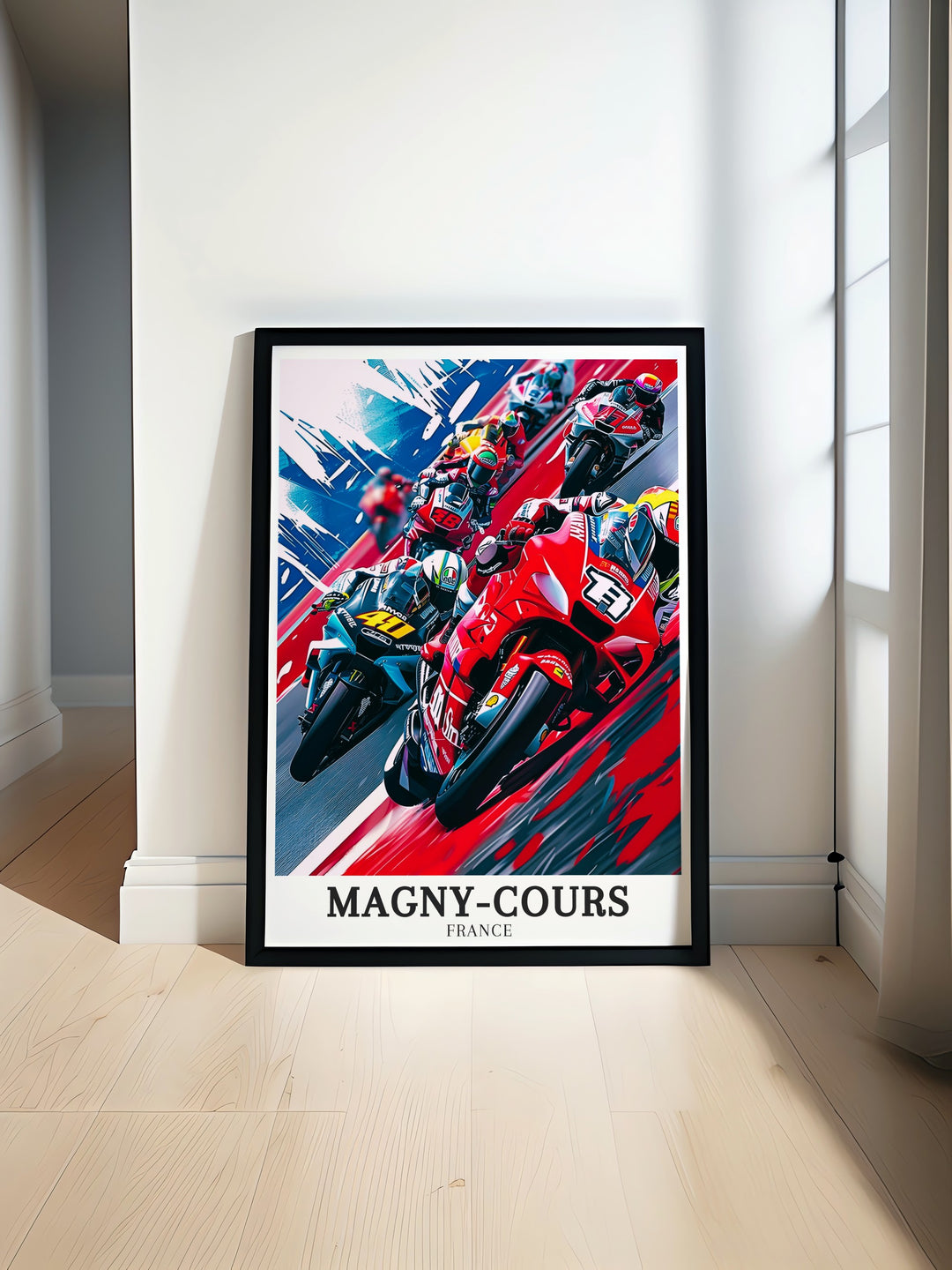 The excitement of the GP De France and the technical brilliance of the Circuit de Nevers Magny Cours come alive in this travel poster. A must have for motorsport lovers, the artwork brings the thrill of French racing into any space.