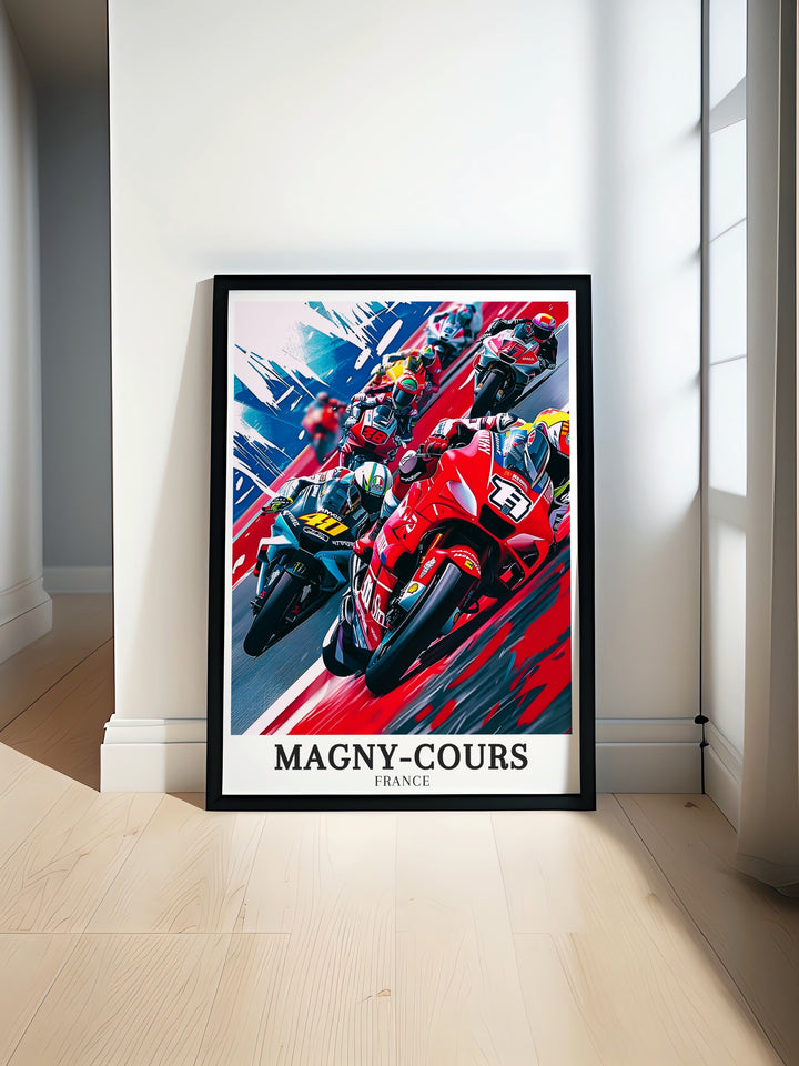 The excitement of the GP De France and the technical brilliance of the Circuit de Nevers Magny Cours come alive in this travel poster. A must have for motorsport lovers, the artwork brings the thrill of French racing into any space.