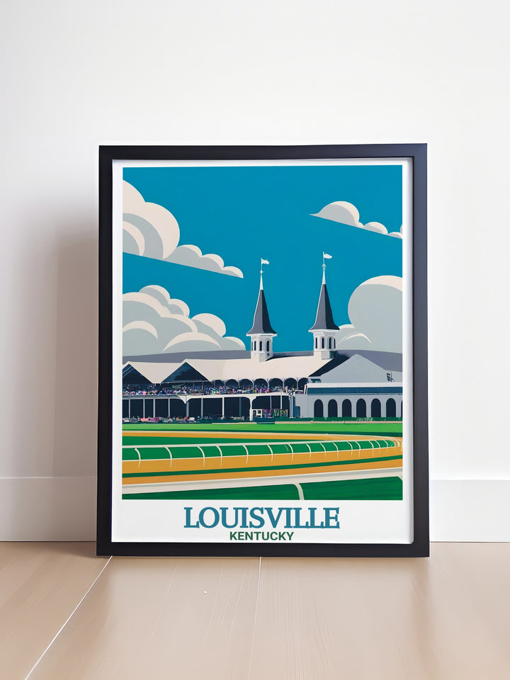 A detailed Louisville poster print featuring the iconic skyline of the city, highlighted by the historic Churchill Downs in Kentucky. This travel print showcases the beauty and cultural richness of Louisville, making it an ideal piece for lovers of Kentucky and its famous landmarks.