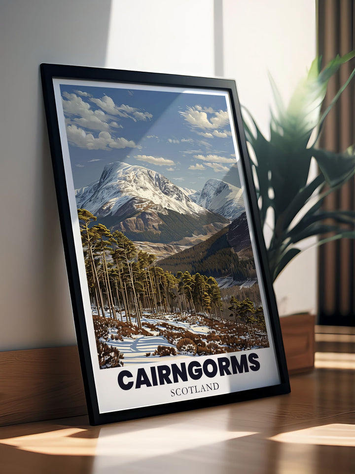 Vintage print of the Cairngorms mountain range providing a sophisticated and serene addition to your home decor capturing the wild allure of Scotlands nature in a unique and modern abstract style perfect for any room