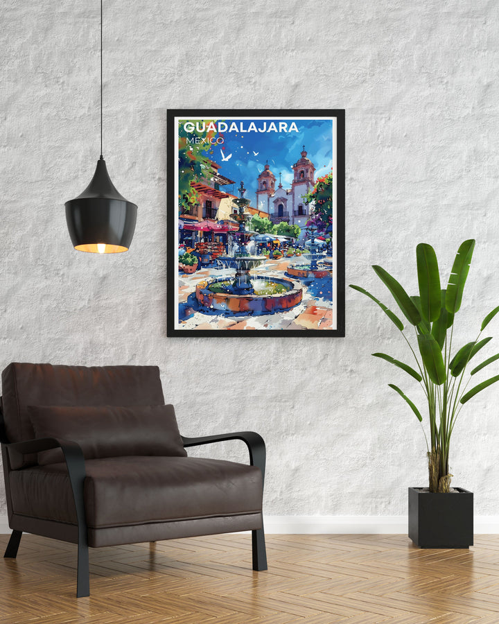 Highlighting the historic and cultural significance of Plaza Tapatía, this travel poster showcases the architectural beauty and lively atmosphere of Guadalajaras central square.
