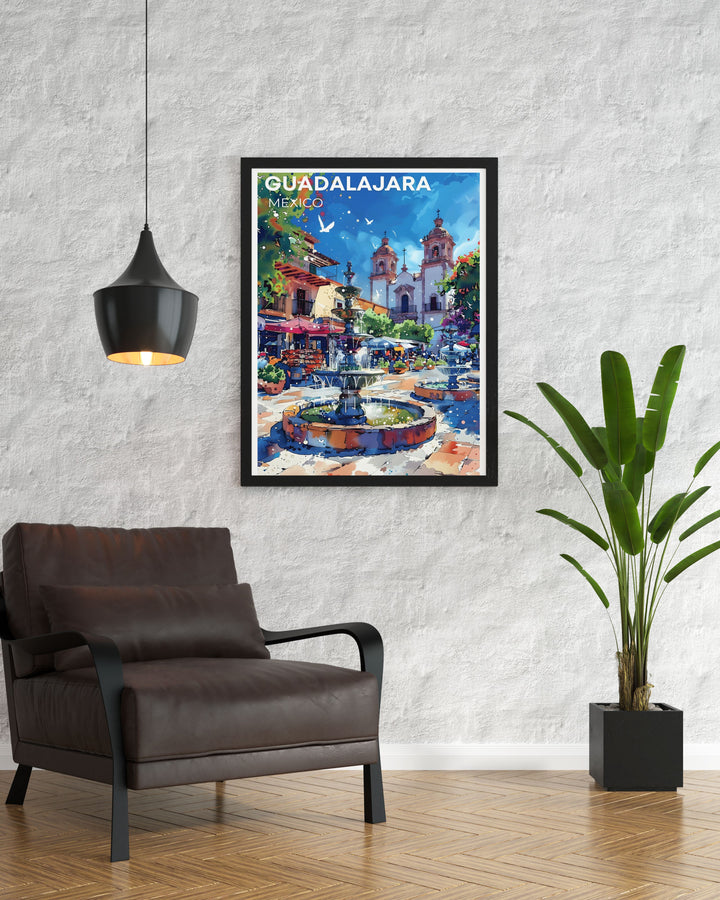 Our Guadalajara art print features the iconic Plaza Tapatía, with its wide open spaces and impressive fountains. Ideal for anyone looking to bring a touch of Mexico into their home, this travel poster adds elegance and color to any room.