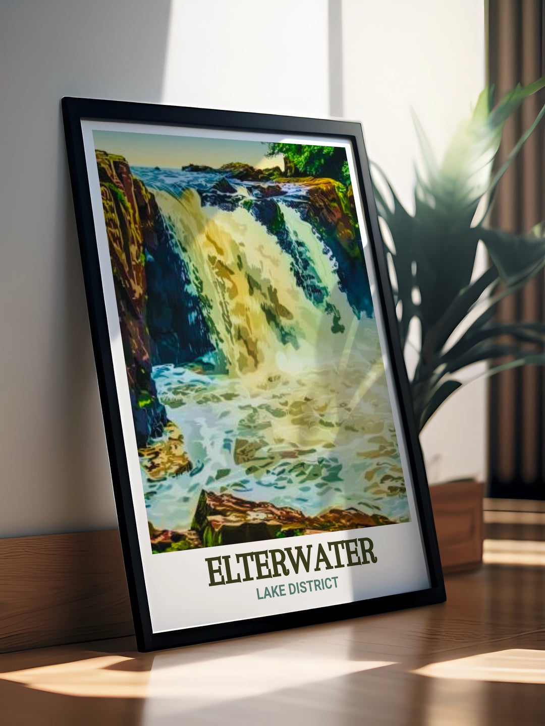 Skelwith Force framed art captures the natural wonder of Cumbrias Lake District, making it a perfect wall decor piece for those who enjoy nature and adventure. This modern print brings elegance and beauty to any living room.