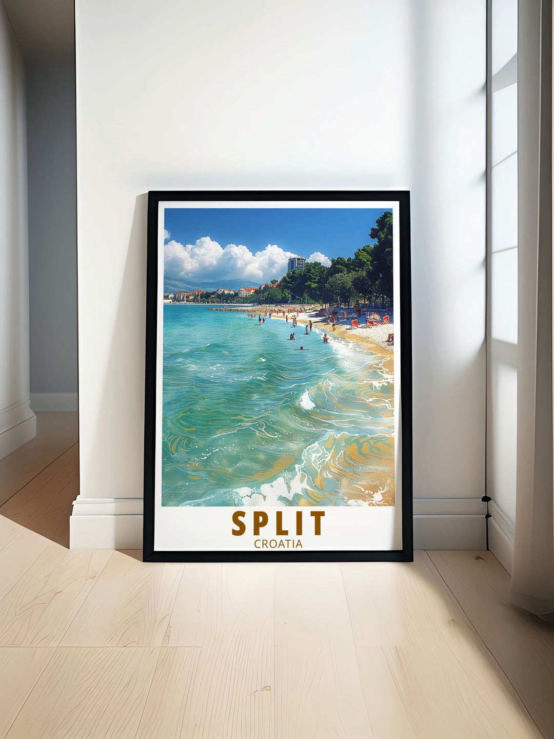 This travel poster highlights the dynamic culture of Split, inviting viewers to experience the vibrant beach scenes and lively atmosphere of Bačvice Beach in Croatia.