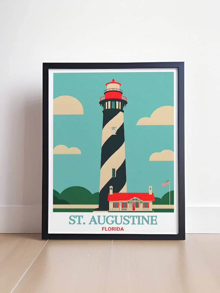 This travel poster of the St. Augustine Lighthouse and Maritime Museum captures Floridas rich coastal heritage. Perfect for wall décor or as a unique gift, this art print offers a detailed and vibrant depiction of one of the states most famous landmarks.