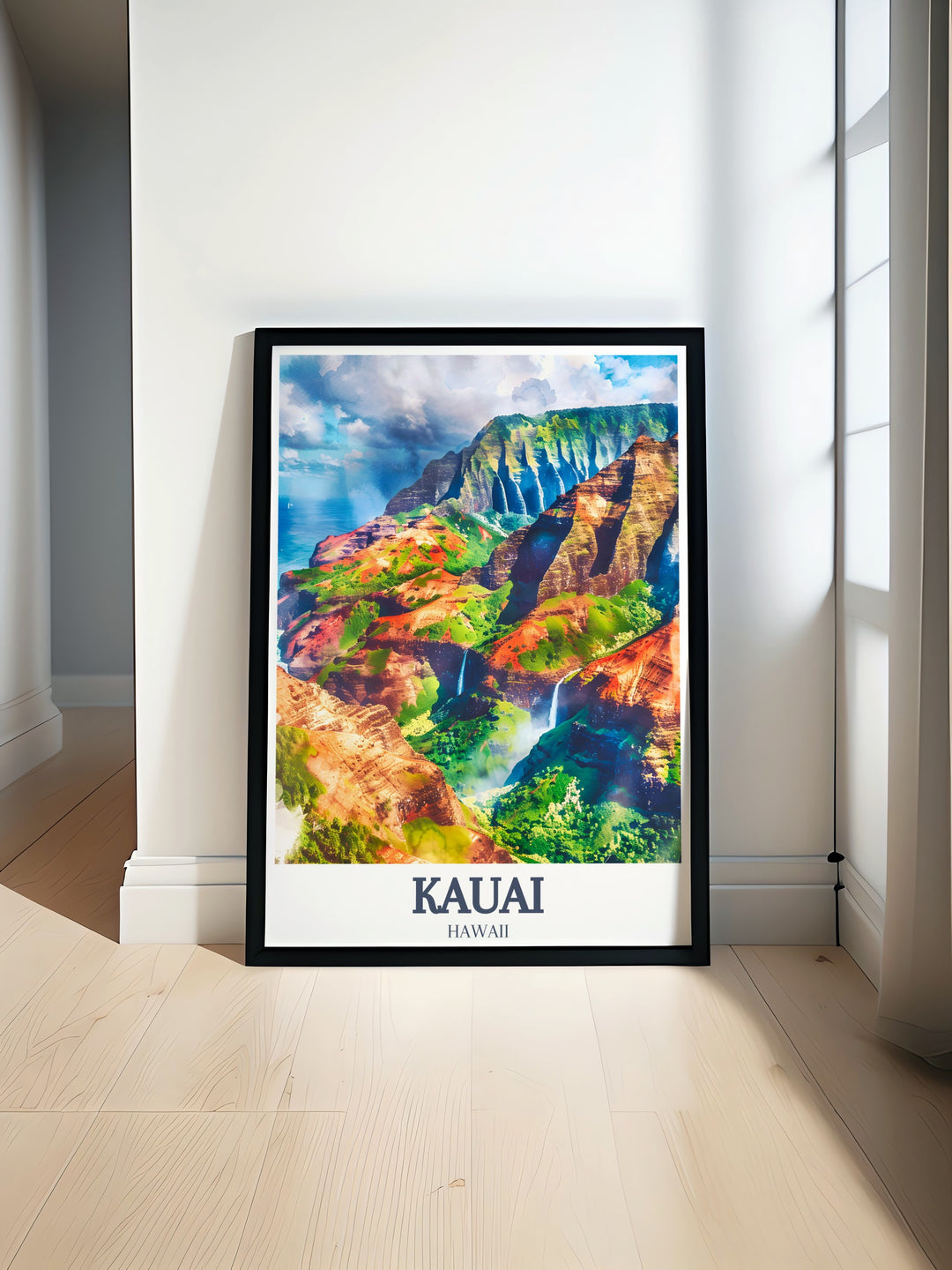 Kauai travel poster featuring the Na Pali Coast and Wailua Falls. This stunning Hawaii wall art adds tropical beauty to any room and is perfect for gifts for travelers. Brighten your home with vibrant colors and serene imagery from Hawaii.