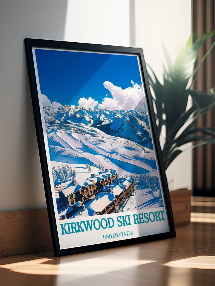 Captivating art print of Kirkwood Mountain Resort featuring its picturesque snow capped mountains and vibrant winter landscape. This print brings the natural beauty and winter charm of the resort into your living space with elegant style.