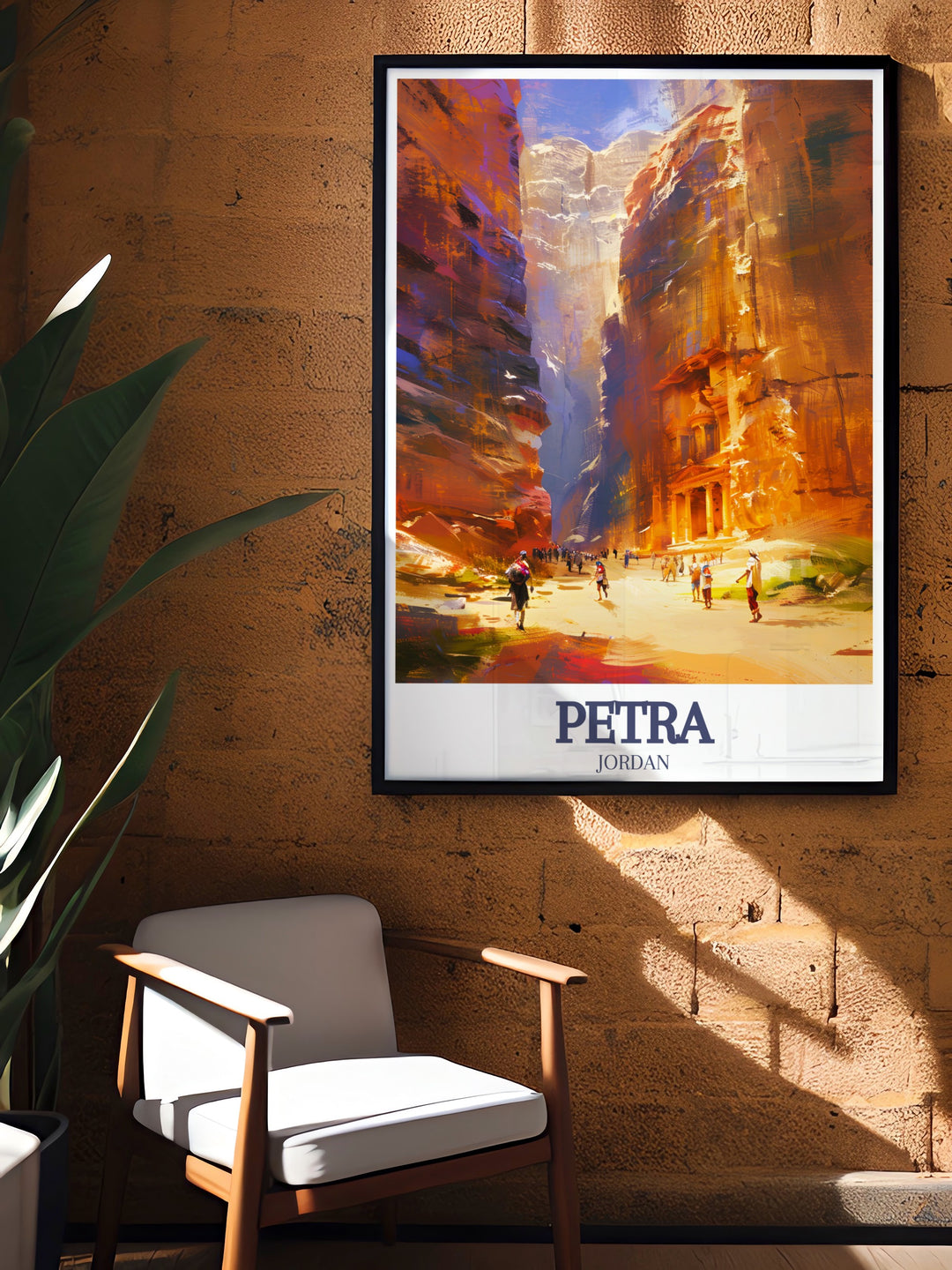 Petra Wall Poster featuring the dramatic entrance through The Siq and the awe inspiring Treasury. This travel poster brings the grandeur of Jordans ancient city into your home, making it a stunning visual celebration of world history.