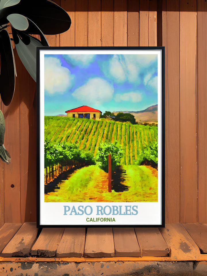 This Paso Robles art print showcases the rich vineyards of Californias Wine Country. Whether youre decorating your home or searching for the perfect gift, this piece of artwork is a beautiful tribute to Paso Robles iconic wine region.