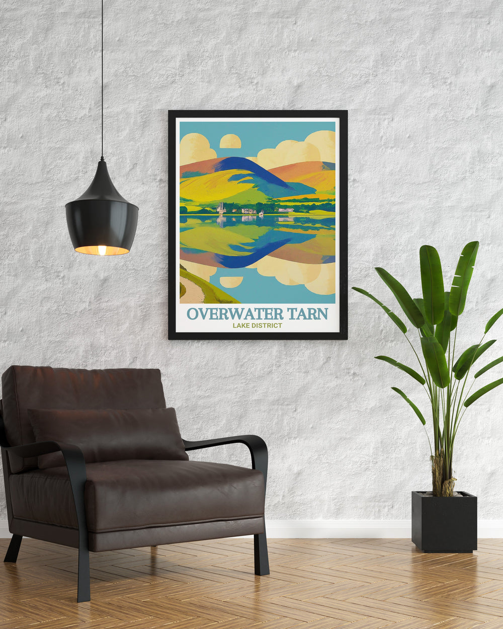 Overwater Tarn scenic poster highlighting the tranquil beauty of Cumbrias Lake District. This detailed artwork depicts the serene tarn and its lush surroundings, making it a perfect addition to your wall art collection. Ideal for those who love outdoor adventures.