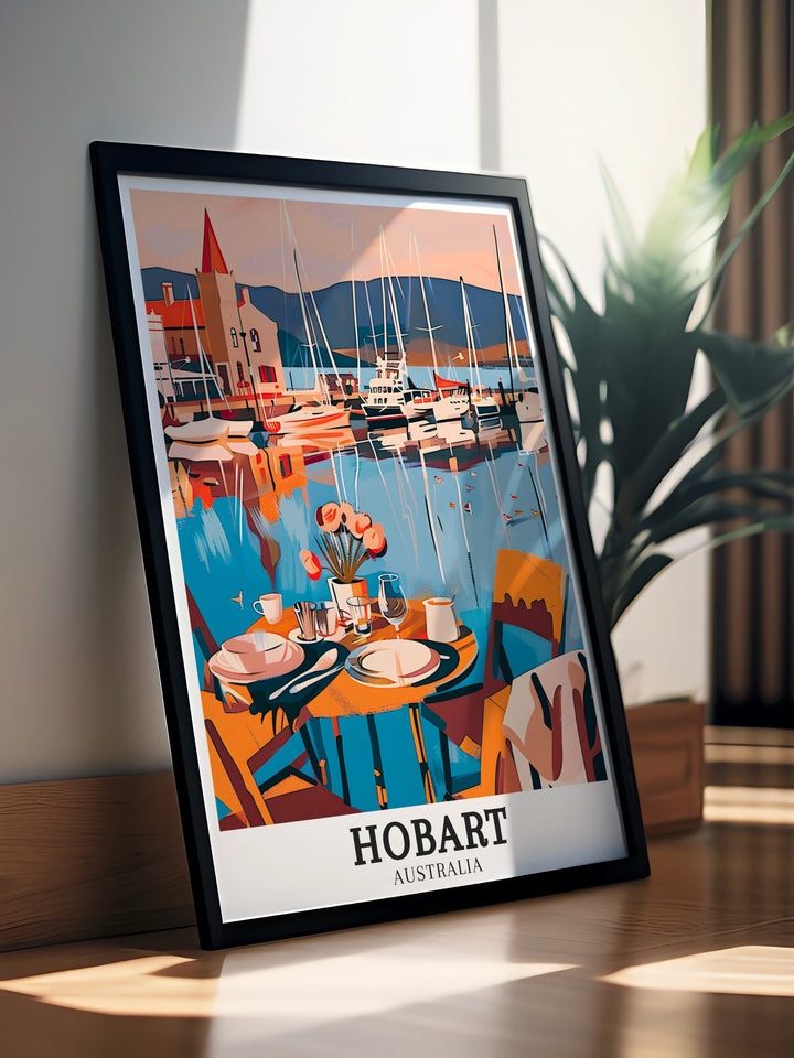 High quality Australia artwork of Hobart, showcasing the Hobart Ferry Terminal and the River Derwent. The print highlights the vibrant life of the ferry terminal and the peaceful beauty of the river, making it a timeless addition to any art collection or home decor