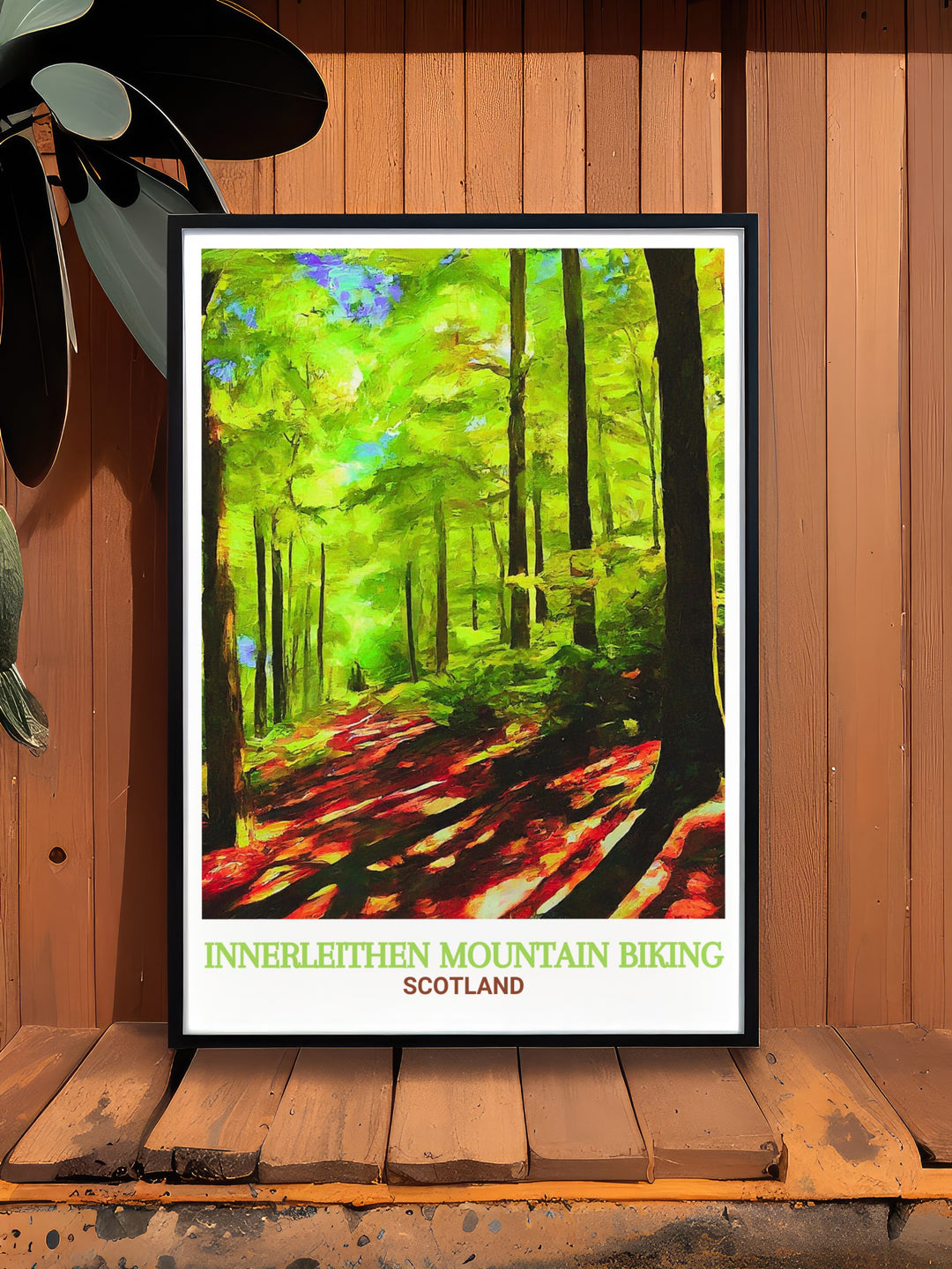 Capture the thrill of mountain biking with this Innerleithen travel print. Featuring the dynamic trails of Glen Tress Forest and the picturesque beauty of Tweed Valley, this print is the perfect piece for adventure lovers and cyclists alike.